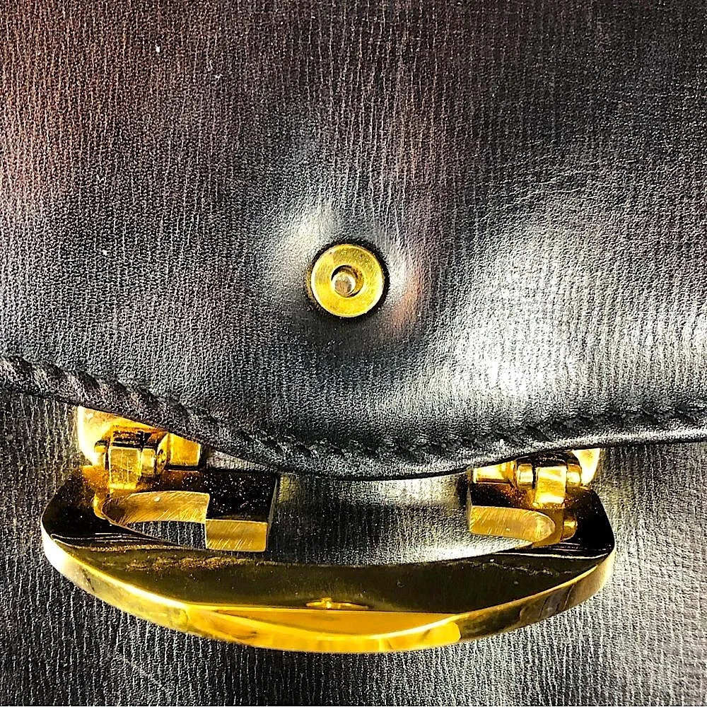 Vintage GUCCI Black Lambskin Leather Single Flap Gold Buckle Shoulder Bag